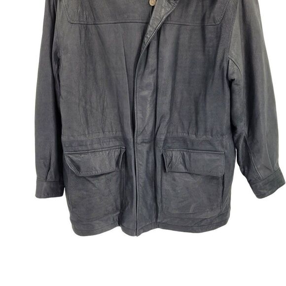 Vintage 80's John Ashford Leather Coat Anorak Jacket Collared Drawstring Black L - Picture 7 of 16